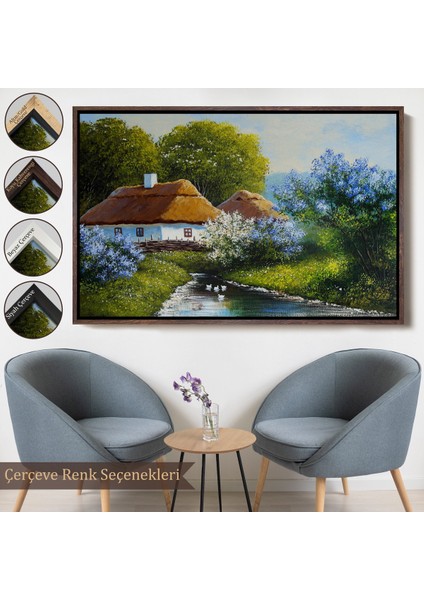 Çerçeveli Akarsu Kenarındaki Köy Evi Yağlıboya Dekoratif Kanvas Duvar TABLOSU-3637