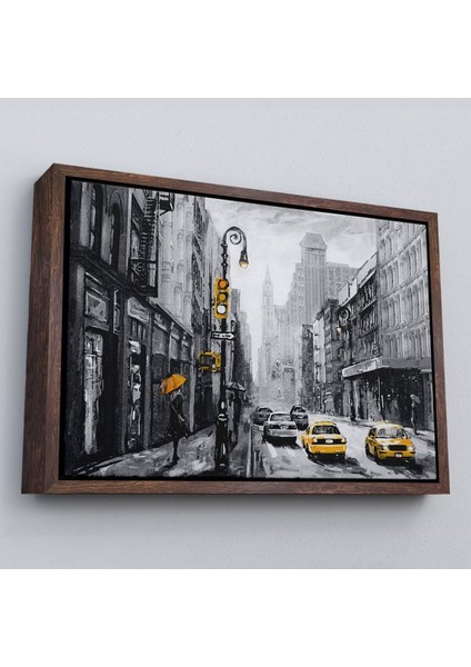 Çerçeveli New York Sokakları ve Sarı Taksi Yağlıboya Görünüm Kanvas TABLO-3552