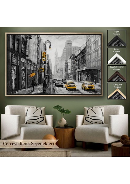 Çerçeveli New York Sokakları ve Sarı Taksi Yağlıboya Görünüm Kanvas TABLO-3552