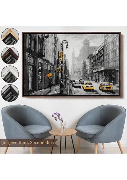 Çerçeveli New York Sokakları ve Sarı Taksi Yağlıboya Görünüm Kanvas TABLO-3552