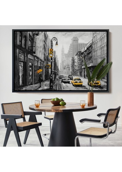 Çerçeveli New York Sokakları ve Sarı Taksi Yağlıboya Görünüm Kanvas TABLO-3552