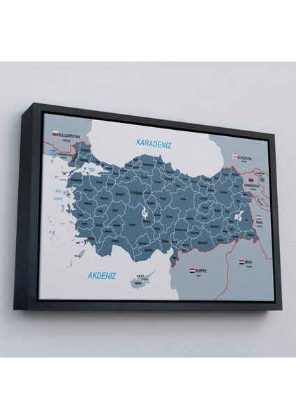 Çerçeveli Türkiye Haritası Kanvas Tablo Sınır Komşulu Eğitici ve Öğretici Dekoratif TABLO-3093