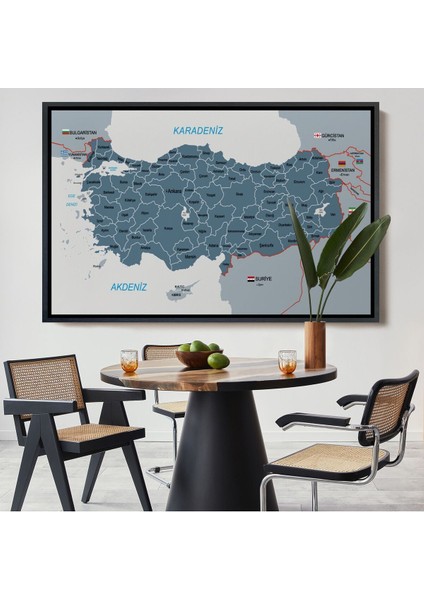 Çerçeveli Türkiye Haritası Kanvas Tablo Sınır Komşulu Eğitici ve Öğretici Dekoratif TABLO-3093