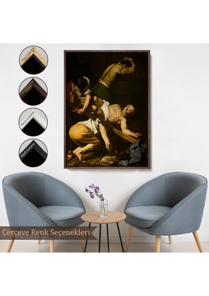 Çerçeveli Caravaggio - Aziz Petrus'un Çarmıha Gerilmesi Tablosu - Crucifixion Of Saint PETER-8106