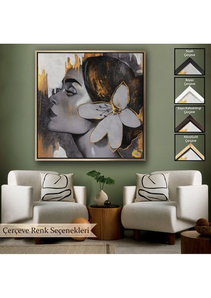 Çerçeveli Çağdaş Altın Desenli Soyut Kadın Kanvas TABLO-5907