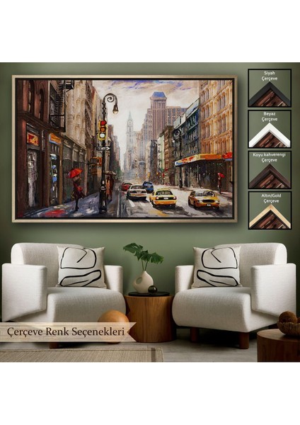 Çerçeveli New York Sokakları ve Sarı Taksi Yağlıboya Görünüm TABLO-3550