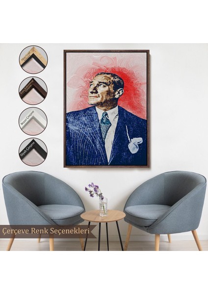 Çerçeveli Mustafa Kemal Atatürk'ün Yağlıboya Görünümlü Portre Çizimi Dekoratif Kanvas Tablo-81