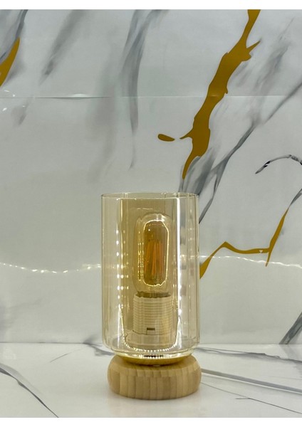 Gold Boru Cam Çizgili Desenli Şapkalı Ahşap Bambu Ayaklı Abajur Masa Lambası Modelleri fiyatları