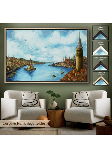 Çerçeveli Galata Kulesi Kız Kulesi ve Boğaz Manzara TABLOSU-6506