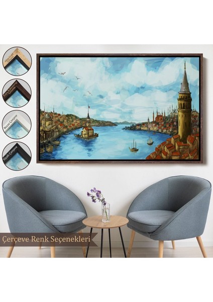 Çerçeveli Galata Kulesi Kız Kulesi ve Boğaz Manzara TABLOSU-6506
