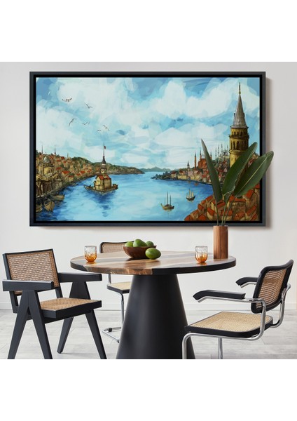 Çerçeveli Galata Kulesi Kız Kulesi ve Boğaz Manzara TABLOSU-6506