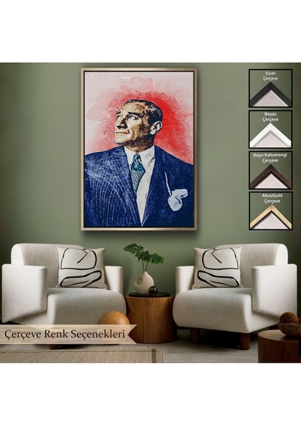 Çerçeveli Mustafa Kemal Atatürk'ün Yağlıboya Görünümlü Portre Çizimi Dekoratif Kanvas Tablo-81