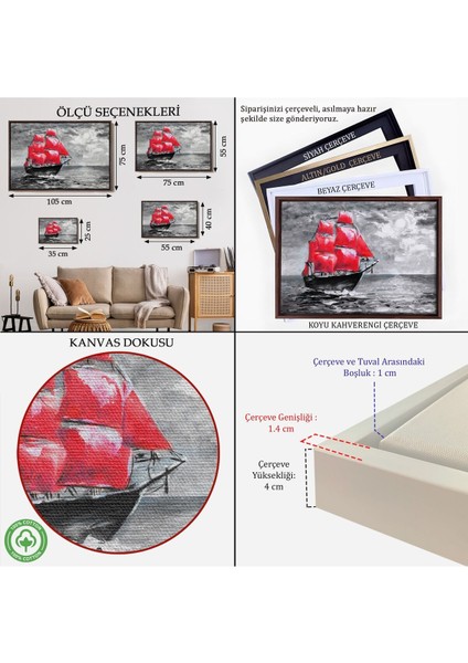 Çerçeveli Okyanustaki Kırmızı Yelkenli Duvar TABLOSU-1205 indirimleri