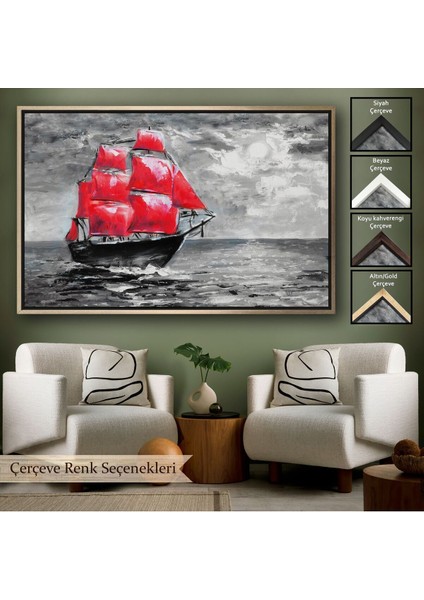 Çerçeveli Okyanustaki Kırmızı Yelkenli Duvar TABLOSU-1205