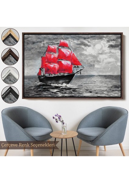 Çerçeveli Okyanustaki Kırmızı Yelkenli Duvar TABLOSU-1205