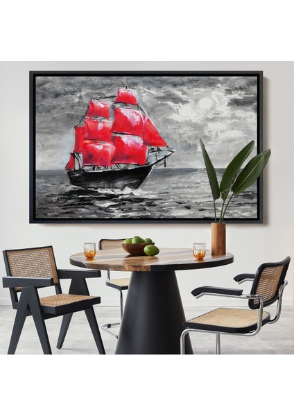 Çerçeveli Okyanustaki Kırmızı Yelkenli Duvar TABLOSU-1205