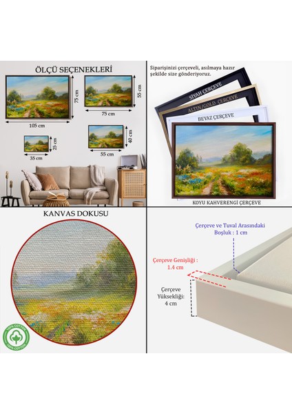 Çerçeveli Çiçek Tarlası Yağlıboya Görünümlü Duvar TABLOSU-1203 indirimleri