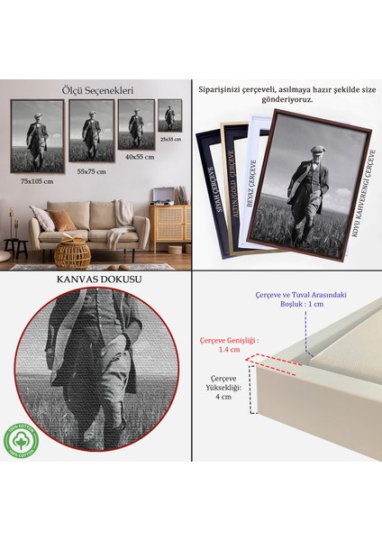 Çerçeveli Atatürk Portre Tablosu Mustafa Kemal Atatürk Dikdörtgen Dekoratif Kanvas TABLO-127 indirimleri