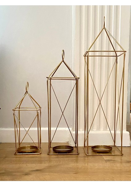 3'lü Dekoratif Modern Gold Metal Kafes Desenli Fener Şamdan Mumluk Seti fiyatları