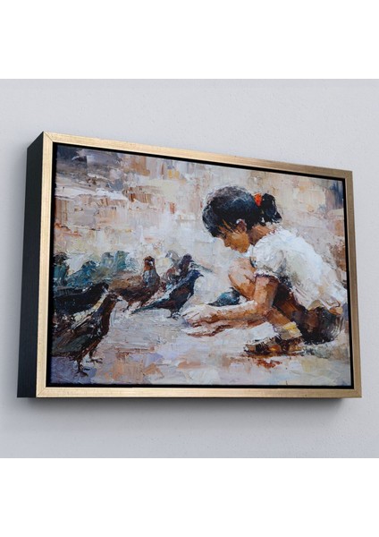 Çerçeveli Güvercinleri Besleyen Küçük Kız Dekoratif Duvar TABLOSU-3434