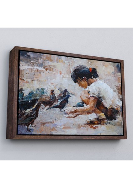 Çerçeveli Güvercinleri Besleyen Küçük Kız Dekoratif Duvar TABLOSU-3434 fiyatları