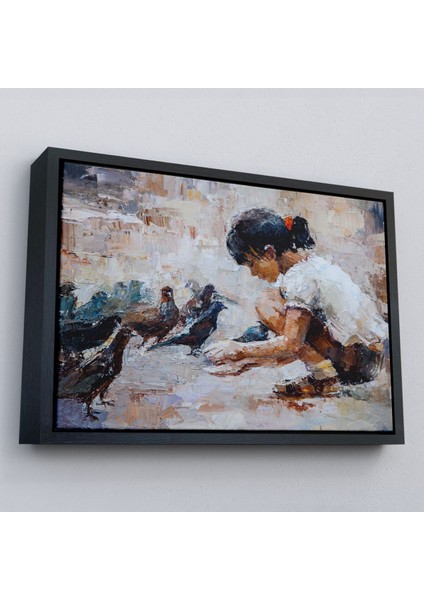 Çerçeveli Güvercinleri Besleyen Küçük Kız Dekoratif Duvar TABLOSU-3434 modelleri