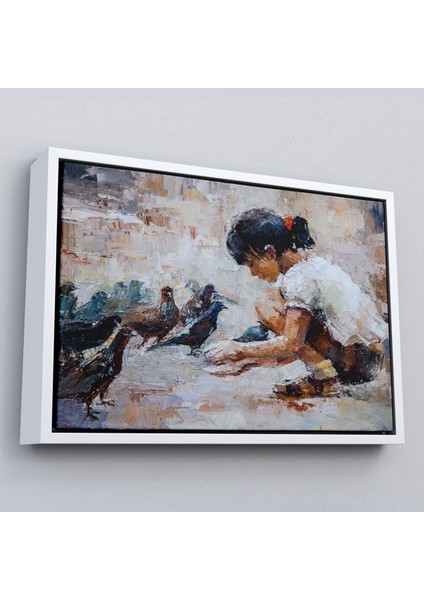 Çerçeveli Güvercinleri Besleyen Küçük Kız Dekoratif Duvar TABLOSU-3434 fırsatları