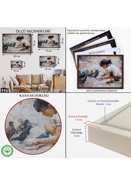 Çerçeveli Güvercinleri Besleyen Küçük Kız Dekoratif Duvar TABLOSU-3434 indirimleri