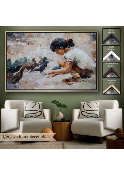 Çerçeveli Güvercinleri Besleyen Küçük Kız Dekoratif Duvar TABLOSU-3434