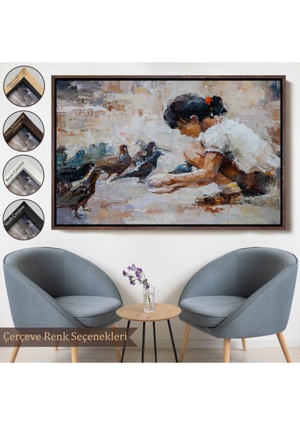 Çerçeveli Güvercinleri Besleyen Küçük Kız Dekoratif Duvar TABLOSU-3434