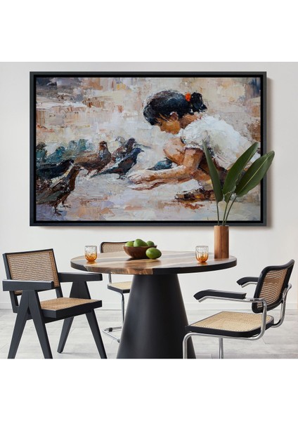 Çerçeveli Güvercinleri Besleyen Küçük Kız Dekoratif Duvar TABLOSU-3434
