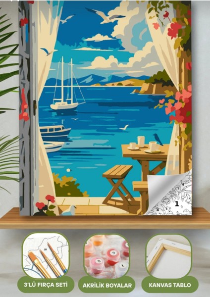 Sayılarla Boyama Seti 40X50 cm (Çıtalı) Fırça Boya Dahil Numaralı Tuval Gemi Manzara