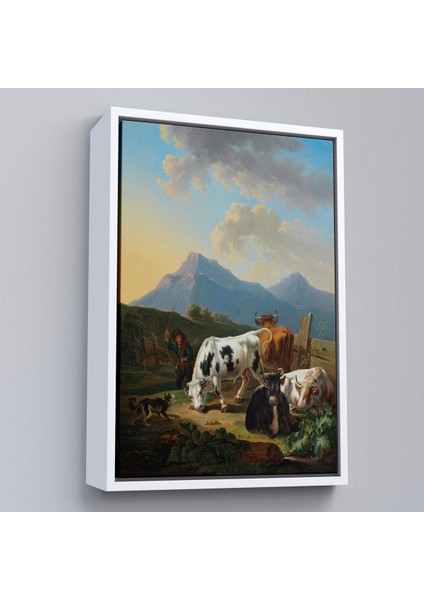Çerçeveli Johann Dallinger - Boğa ve Inekleriyle Genç Çiftçi Tablosu --8077