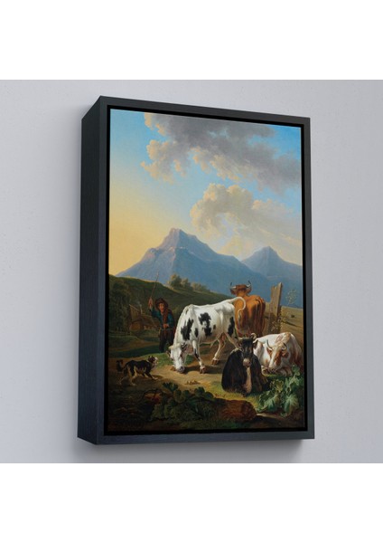 Çerçeveli Johann Dallinger - Boğa ve Inekleriyle Genç Çiftçi Tablosu --8077 fırsatları
