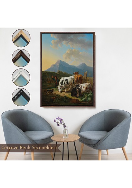 Çerçeveli Johann Dallinger - Boğa ve Inekleriyle Genç Çiftçi Tablosu --8077