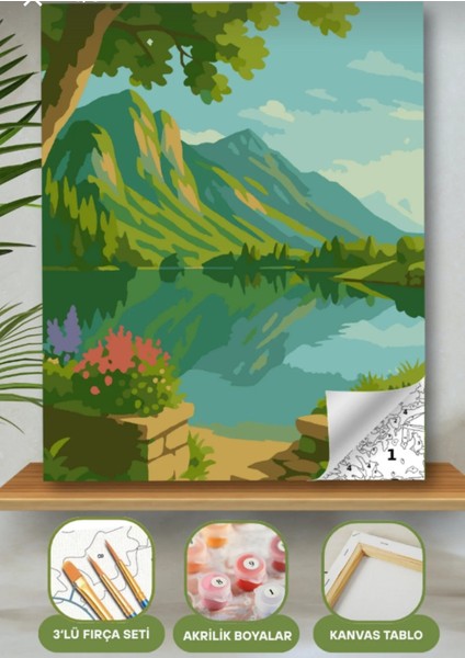 Sayılarla Boyama Seti 40X50 cm (Çıtalı) Fırça Boya Dahil Numaralı Tuval Dağ Manzara