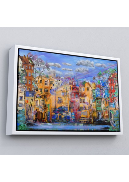 Çerçeveli Eski Avrupa Kasabası Yağlıboya Görünüm Dekoratif Kanvas TABLO-3536
