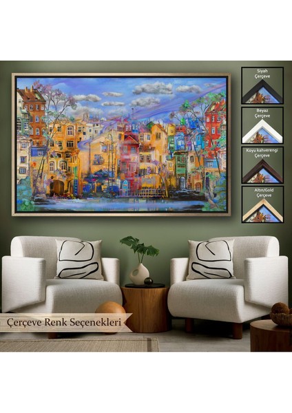 Çerçeveli Eski Avrupa Kasabası Yağlıboya Görünüm Dekoratif Kanvas TABLO-3536