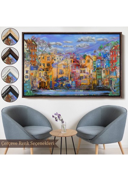 Çerçeveli Eski Avrupa Kasabası Yağlıboya Görünüm Dekoratif Kanvas TABLO-3536