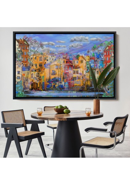 Çerçeveli Eski Avrupa Kasabası Yağlıboya Görünüm Dekoratif Kanvas TABLO-3536