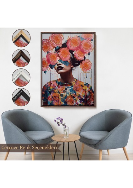 Çerçeveli Çiçek Başlı Soyut Kadın TABLOSU-8009