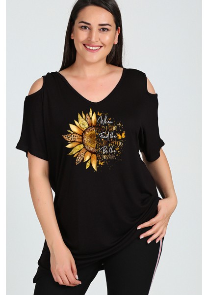 Büyük Beden Be The Sunshine Baskılı Omuzu V Pencere Kısa Kol Bluz