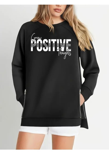Büyük Beden Grow Positive Thoughts Baskılı Fermur Yırtmaç Detaylı Yumuşak Kumaş Reglan Kol Sweashirt
