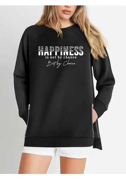 Büyük Beden Happiness Baskılı Fermur Yırtmaç Detaylı Yumuşak Dökümlü Kumaş Reglan Kol Sweashirt