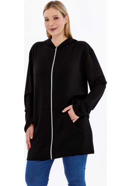 Büyük Beden Kapşonlu Boydan Fermuarlı Cepli Yumuşak Dökümlü Kumaş Tunik Form Sweatshirt