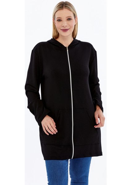 Büyük Beden Kapşonlu Boydan Fermuarlı Cepli Yumuşak Dökümlü Kumaş Tunik Form Sweatshirt fiyatları