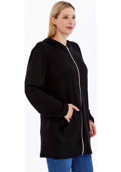 Büyük Beden Kapşonlu Boydan Fermuarlı Cepli Yumuşak Dökümlü Kumaş Tunik Form Sweatshirt modelleri