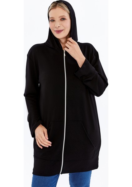 Büyük Beden Kapşonlu Boydan Fermuarlı Cepli Yumuşak Dökümlü Kumaş Tunik Form Sweatshirt fırsatları