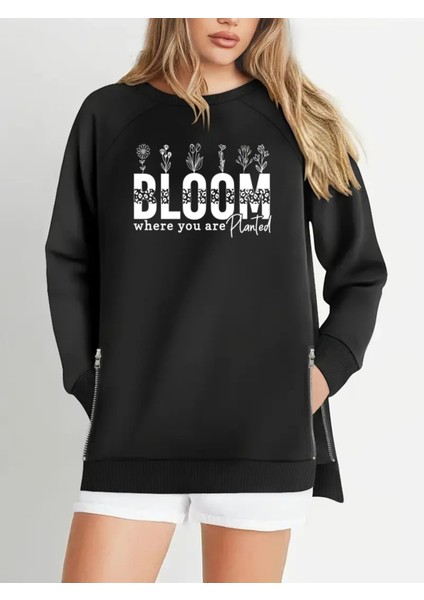 Büyük Beden Bloom Planted Baskılı Fermur Yırtmaç Detaylı Yumuşak Dökümlü Kumaş Reglan Kol Sweashirt