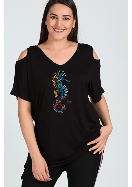 Büyük Beden Denizatı Baskılı Omuzu V Pencere Kısa Kol Bluz